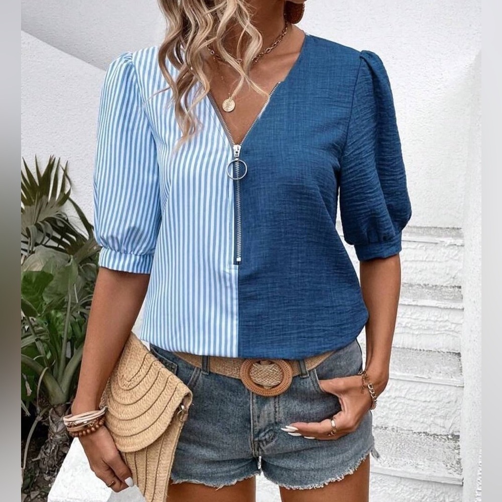 Emery Rose Blue Color Block Contrast Preppy Stripe Front Zip Top Puff Sleeve SzL